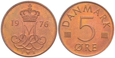 Дания 5 эре 1976 S; B, Маргрете II (1972- ) KM 859.1 железо плакированное медью 201-1164