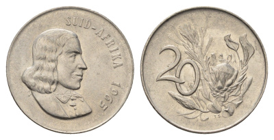ЮАР 20 центов 1965 Ян ван Рибек (1619-1677), Suid Africa, легенда на африкаанс, цветок протея KM 69.2 никель 4693-647