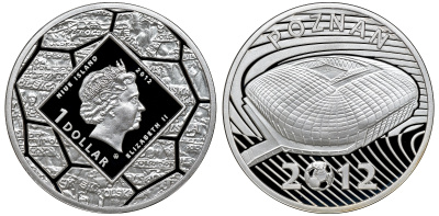 Ниуэ 1 доллар 2012 футбол чемпионат, стадион в Познани, в оригинальной коробке с сертификатом тираж 1000 шт. KM NEW серебро PROOF 2-4-2-18