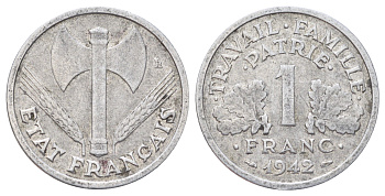 Франция 1 франк 1942 LB, тип Lourde, правительство Виши KM 902.1, Le Franc 222.2 алюминий 4700-1023