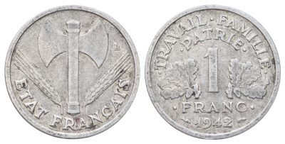 Франция 1 франк 1942 LB, тип Lourde, правительство Виши KM 902.1, Le Franc 222.2 алюминий 4700-1023
