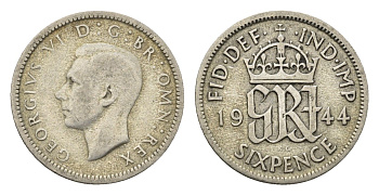 Великобритания 6 пенсов 1944 Георг VI (1936-1952) KM 852, Spink 4084 серебро 4690-818