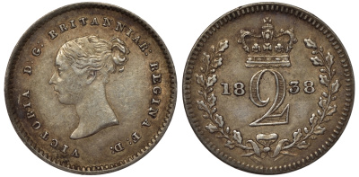 Великобритания 2 пенса 1838 Виктория (1837-1901), для обращения в Британской Гвиане и некоторых частях Британской Вест-Индии KM 729, Spink 3914E серебро 1524-444