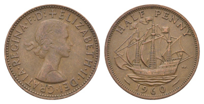 Великобритания 1/2 пенни 1960 Елизавета II (1952-2022) KM 896, Spink 4158 бронза 4662-1156