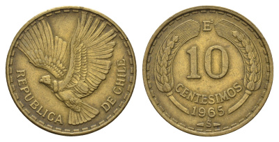 Чили 10 сентесимо 1965 KM 191 алюминевая бронза 4648-942