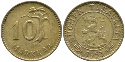 ФИНЛЯНДИЯ 10 МАРОК 1953 Н KM 38 алюминиевая бронза 100-437