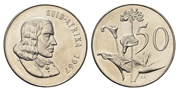 ЮАР 50 центов 1967 редкий год, Ян ван Рибек (1619-1677), Suid Africa, легенда на африкаанс, Зантедеския Эллиота (калла) KM 70.2 никель BU 4693-326
