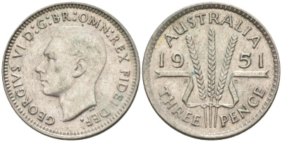 Австралия 3 пенса 1951 KG, Георг VI (1937-1952) KM 44 серебро 4585-527