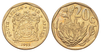 ЮАР 20 центов 1993 герб, цветок протея KM 136 сталь плакированная бронзой UNC 4696-1031