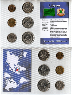Ливия набор из 6 монет (1, 5, 10, 20, 50 и 100 дирхамов) 1975 и 1979 в красочной упаковке с информацией о стране KM 12, 13, 14, 15, 22 и 23 UNC 3-4-1-36