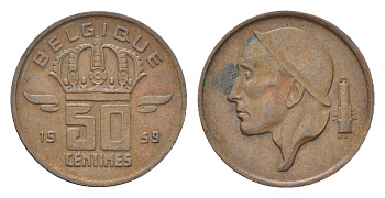 Бельгия 50 сантимов 1959 Belgique, Бодуэн I (1951-1993) KM 148 бронза 4705-224