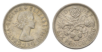 Великобритания 6 пенсов 1966 Елизавета II (1952-2022) KM 903, Spink 4149 медно-никель 4708-348