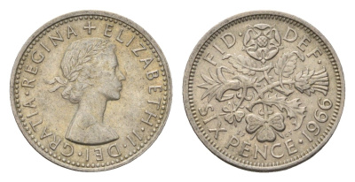 Великобритания 6 пенсов 1966 Елизавета II (1952-2022) KM 903, Spink 4149 медно-никель 4708-348