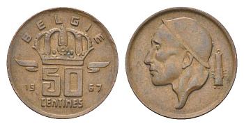 Бельгия 50 сантимов 1967 Belgie, Бодуэн I (1951-1993) KM 149 бронза 4705-259
