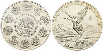 Мексика 1 онза 2003 Mo, серебряная инвестиционная монета "Свобода" KM 639 серебро    1080-10-23