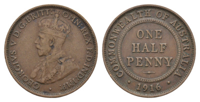 Австралия 1/2 пенни 1916 Георг V (1910-1936) KM 22 бронза 4657-824