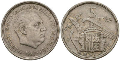 Испания 5 песет 1957 (72) Франсиско Франко (1939-1975) KM 786 медно-никель 186-727