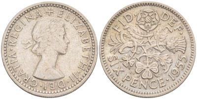 Великобритания 6 пенсов 1955 Елизавета II (1952-2022) KM 903, Spink 4149 медно-никель 192-229
