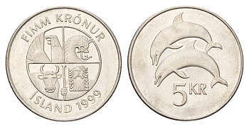 Исландия 5 крон 1999 дельфины KM 28a сталь плакированная никелем UNC 4695-542