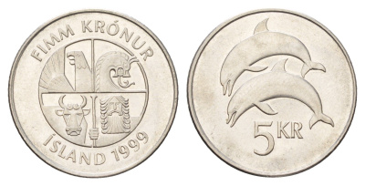 Исландия 5 крон 1999 дельфины KM 28a сталь плакированная никелем UNC 4695-542