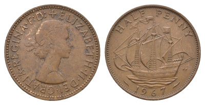 Великобритания 1/2 пенни 1967 Елизавета II (1952-2022) KM 896, Spink 4158 бронза 4663-132
