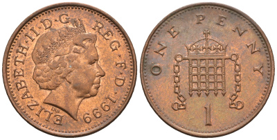 Великобритания 1 пенни 1999 Елизавета II (1952-2022) KM 986, Spink 4710 (B5) сталь плакированная медью 4609-543