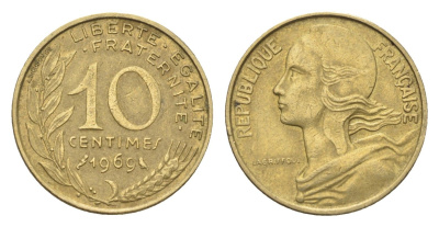 Франция 10 сантимов 1969 KM 929 алюминиевая бронза 4702-1263