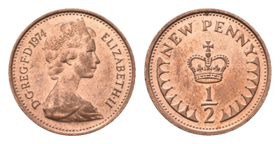 Великобритания 1/2 пенни 1974 Елизавета II (1952-2022) KM 914, Spink 4239 бронза UNC 4696-736