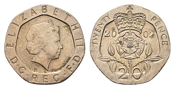 Великобритания 20 пенсов 2002 Елизавета II (1952-2022) KM 990, Spink 4630 (G3) медно-никель 4696-854