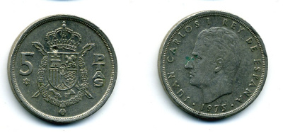 ИСПАНИЯ 5 ПЕСЕТ 1975 ХУАН КАРЛОС I KM 807 медно-никель 56-1115