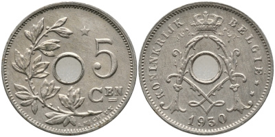 БЕЛЬГИЯ 5 САНТИМОВ 1930 BELGIE KM 94 никель латунь 76-226