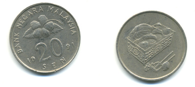 Малайзия 20 сенов 1991 цветок KM 52 медно-никель 3999-625