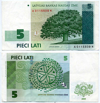 Латвия 5 латов 2001 дерево Pick 49 b, Сергеев 17 бумага 2197-4-1-1