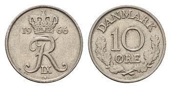 Дания 10 эре 1966 С; S, Фредерик IX (1947-1972) KM 849.1 медно-никель 4702-355