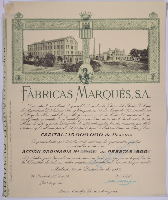 ИСПАНИЯ АЦИЯ НА 500 ПЕСЕТ 1953 FABRICAS MARQUES S.A., МАДРИД 1953 бумага 5544-2