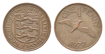 Гернси 1 пенни 1977 Елизавета II (1952-2022), северная олуша в полете KM 27 бронза 4702-718