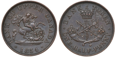 Канада 1/2 пенни 1854 банка Верхней Канады, Upper Canada CCT PC-5C, Breton His 720, KM Tn2 медь 1531-135