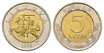 Литва 5 лит 1998 KM 113 биметалл UNC 23-125