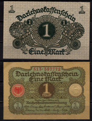 Германия 1 марка 1920 Pick 58 бумага aUNC 7198-22-2-2