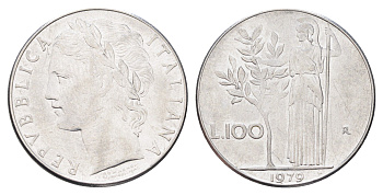 Италия 100 лир 1979 R, Афина в доспехах KM 96.1 нержавеющая сталь 4704-756