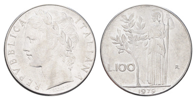 Италия 100 лир 1979 R, Афина в доспехах KM 96.1 нержавеющая сталь 4704-756