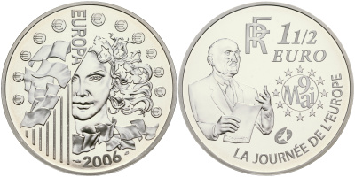 Франция 1 1/2 евро 2006 Декларация Шумана, день Европы 9 мая 1950 года KM 2037 серебро PROOF 01-165-21