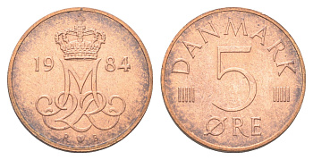 Дания 5 эре 1984 R;B, Маргрете II (1972-2024) KM 859 железо плакированная медью UNC 4708-1266