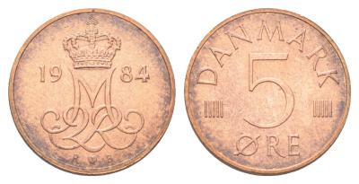 Дания 5 эре 1984 R;B, Маргрете II (1972-2024) KM 859 железо плакированная медью UNC 4708-1266