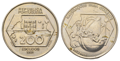Португалия 200 эскудо 1991 Навигация на запад KM 659 медно-никель  UNC  4386-133