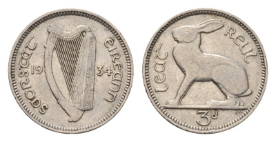 Ирландия 3 пенса 1934 заяц KM 4 никель 46-2465