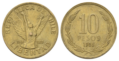 Чили 10 песо 1988 KM 218 латунь 4689-246