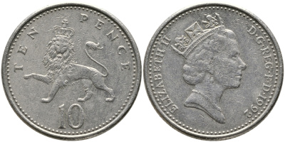 Великобритания 10 пенсов 1992 Елизавета II (1952-2022) KM 938b, Spink 4367 (F4) медно-никель 65-953