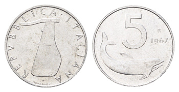 Италия 5 лир 1967 R, дельфин, плуг KM 92 алюминий 4705-159