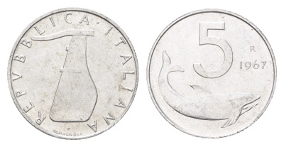 Италия 5 лир 1967 R, дельфин, плуг KM 92 алюминий 4705-159